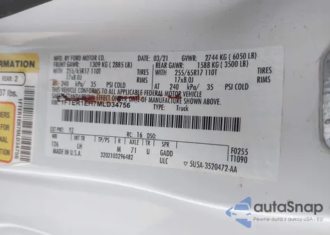 2021 Ford Ranger Xlt z USA, uszkodzony, nr VIN 1FTER1EH7MLD34756